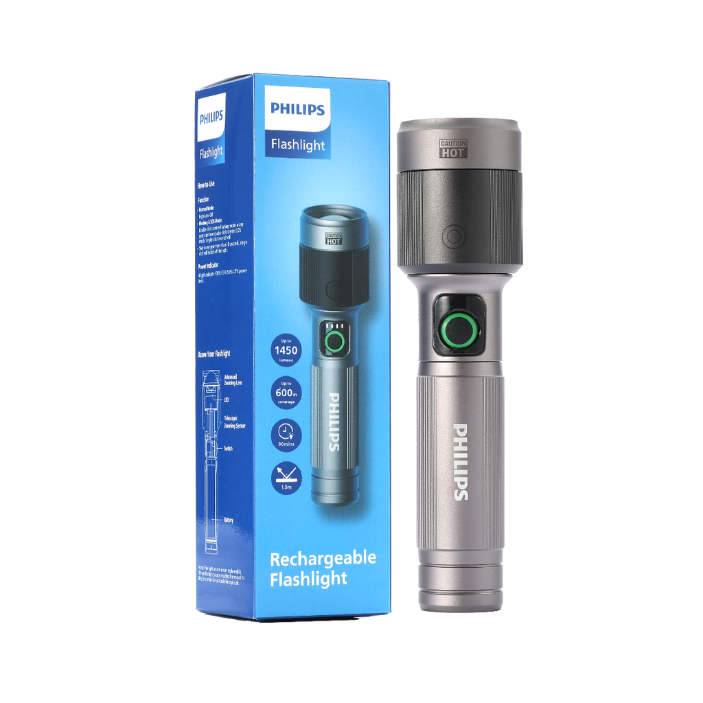 Philips Aircraft Aluminium Alloy Long Range 16.2cms Zoom LED Rechargeable Flashlight / Torch – 1450Lumens, 600m Range 2200mAh SFL2101/56