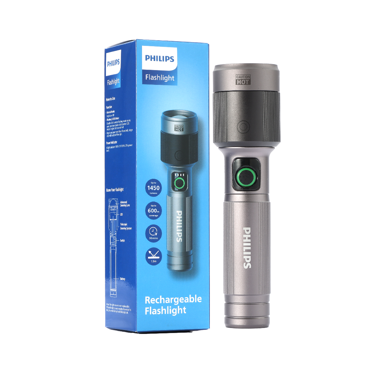 Philips Aircraft Aluminium Alloy Long Range 16.2cms Zoom LED Rechargeable Flashlight / Torch – 1450Lumens, 600m Range 2200mAh SFL2101/56