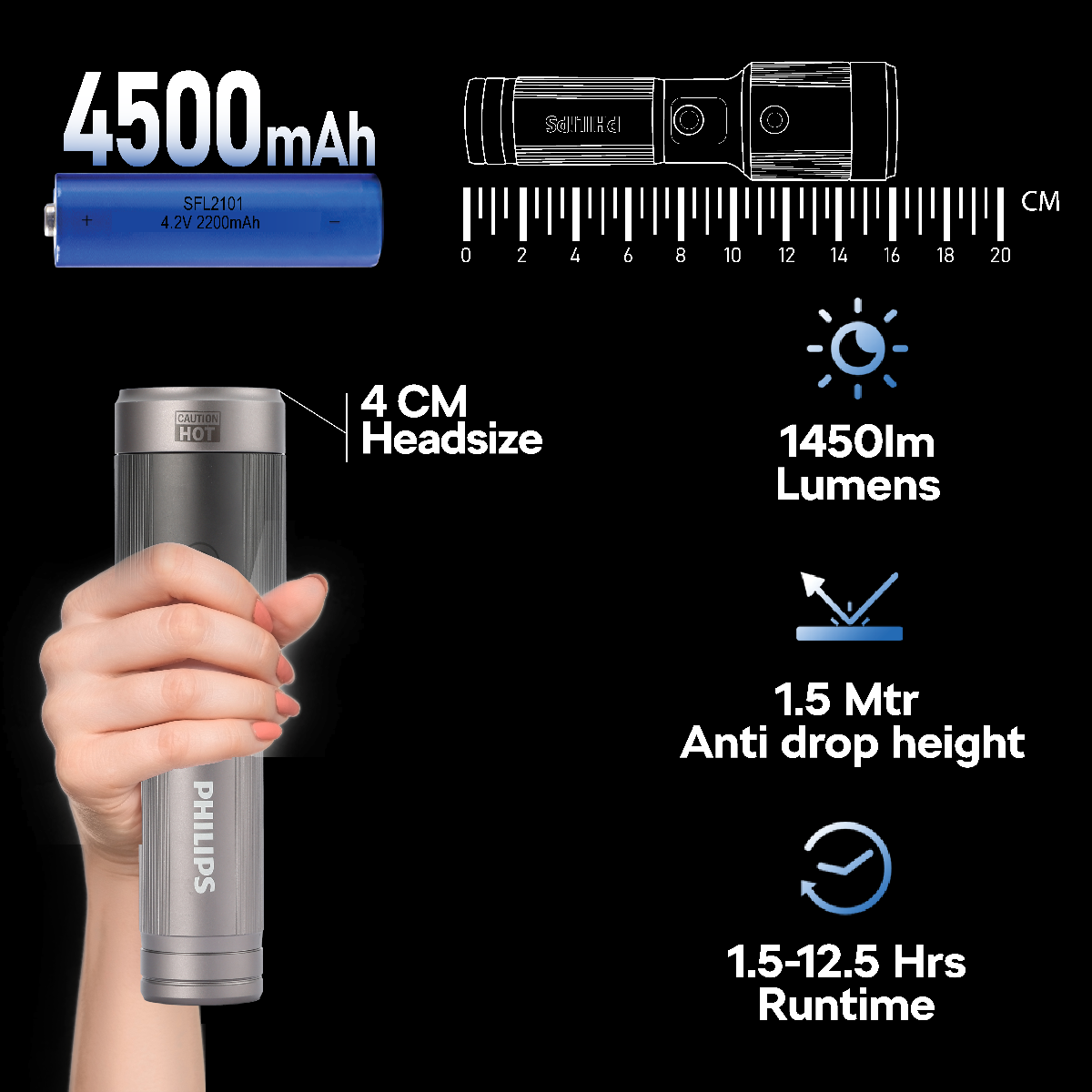 Philips Aircraft Aluminium Alloy Long Range 16.2cms Zoom LED Rechargeable Flashlight / Torch – 1450Lumens, 600m Range 2200mAh SFL2101/56