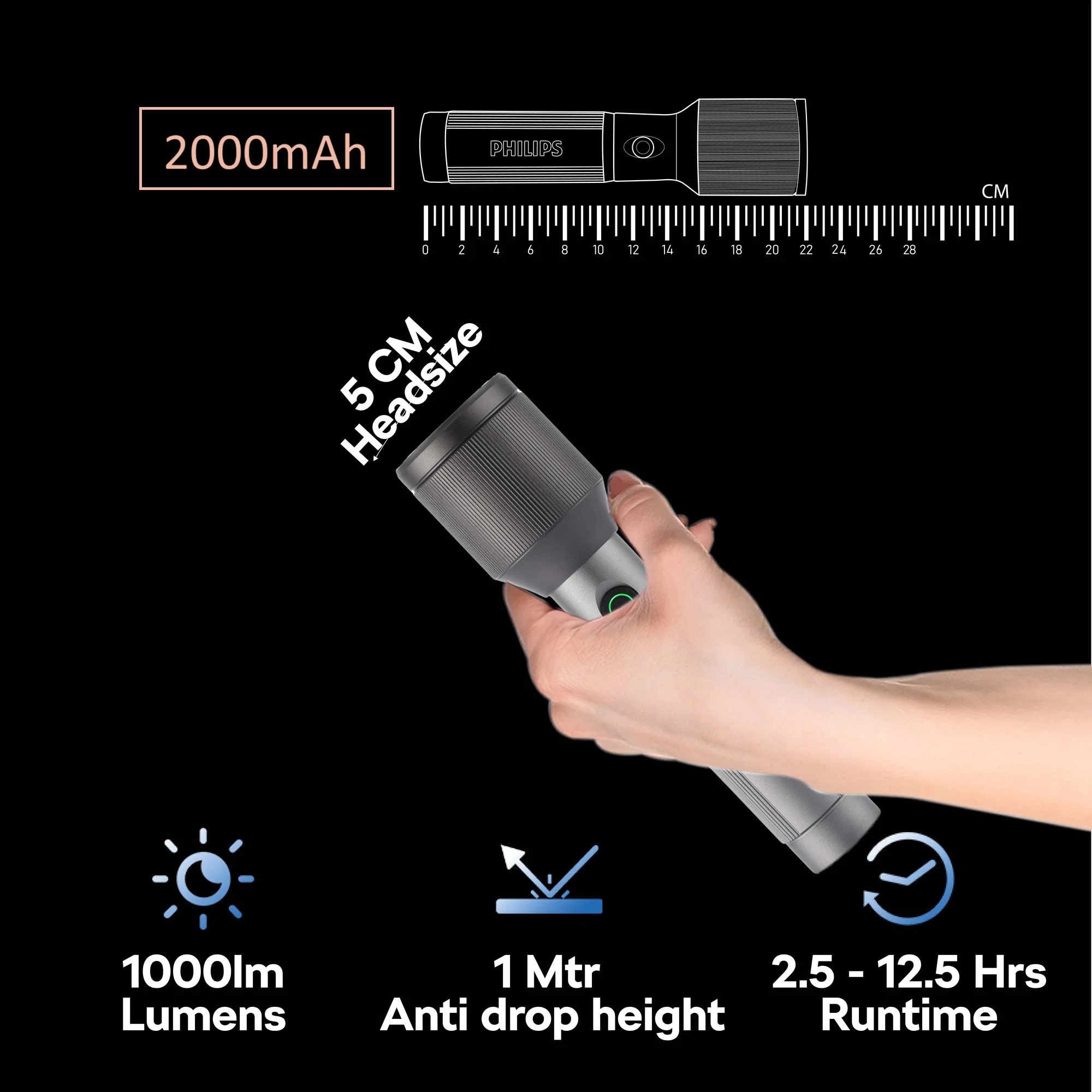 PHILIPS Aircraft Aluminium Alloy 22cms Zoom LED Rechargeable Flashlight / Torch – 1000Lumens, 900m Range, 2000mAh SFL2142/56