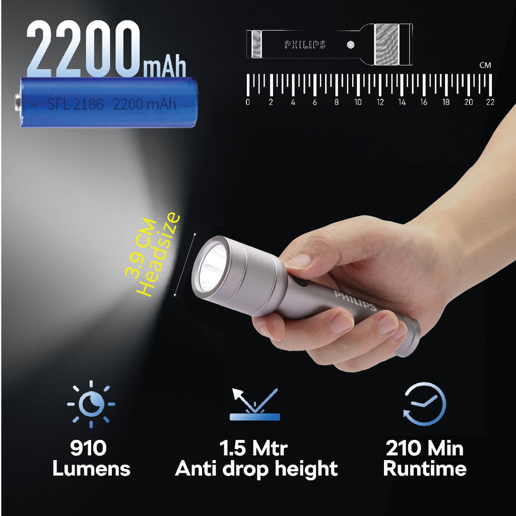 PHILIPS Aluminium Alloy Long Range LED Rechargeable Flashlight – 910Lumens, 300m Beam Range SFL2186R