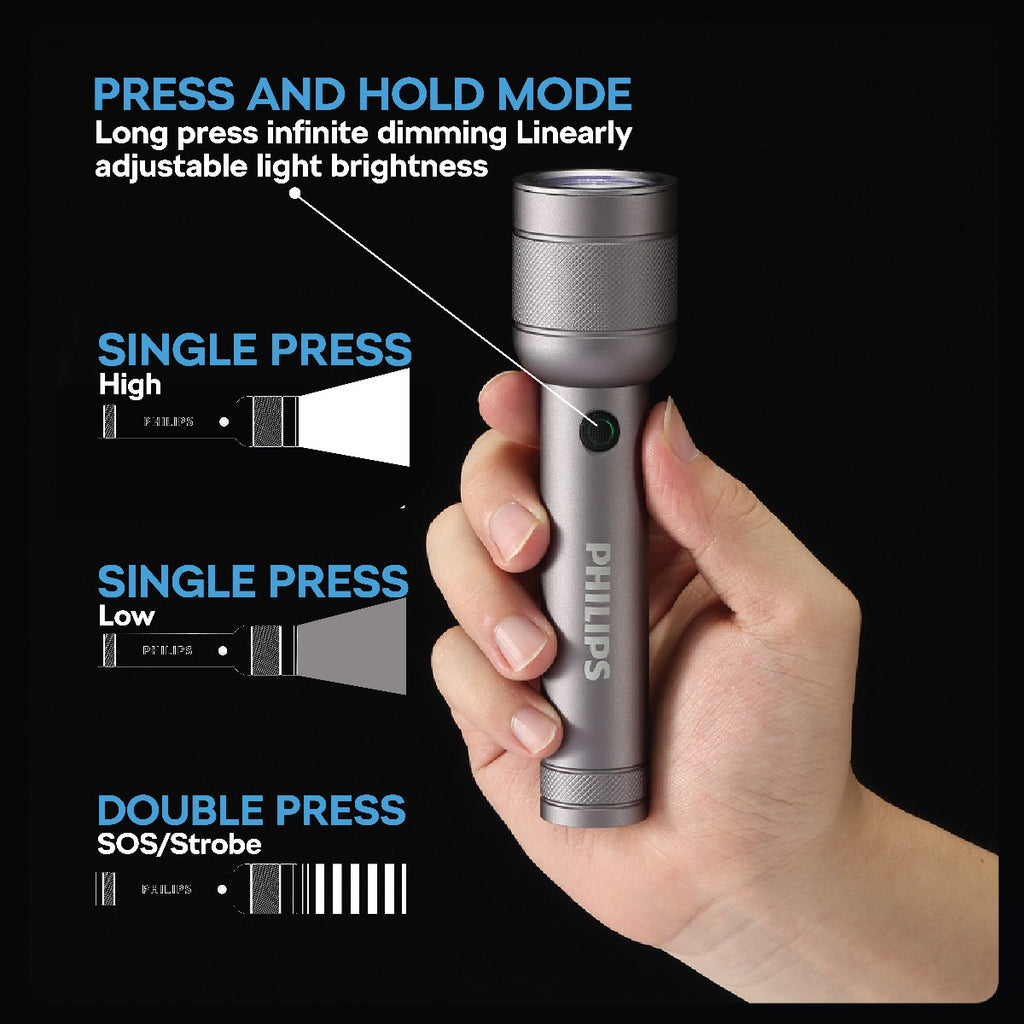PHILIPS Aluminium Alloy Long Range LED Rechargeable Flashlight – 910Lumens, 300m Beam Range SFL2186R