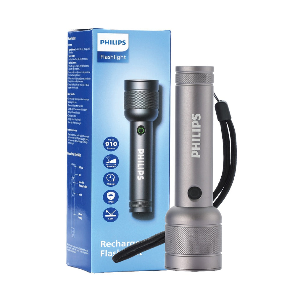 PHILIPS Aluminium Alloy Long Range LED Rechargeable Flashlight – 910Lumens, 300m Beam Range SFL2186R