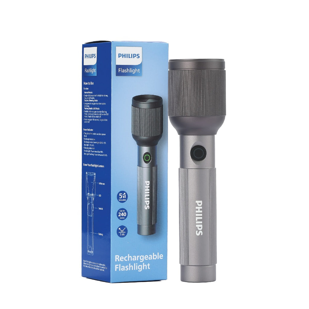 PHILIPS 5 Mode Aircraft Aluminium Alloy LED Flashlight – 650 lm, 2000mAh, SFL2242/56 Torch  (Grey, 19.2 cm, Rechargeable)