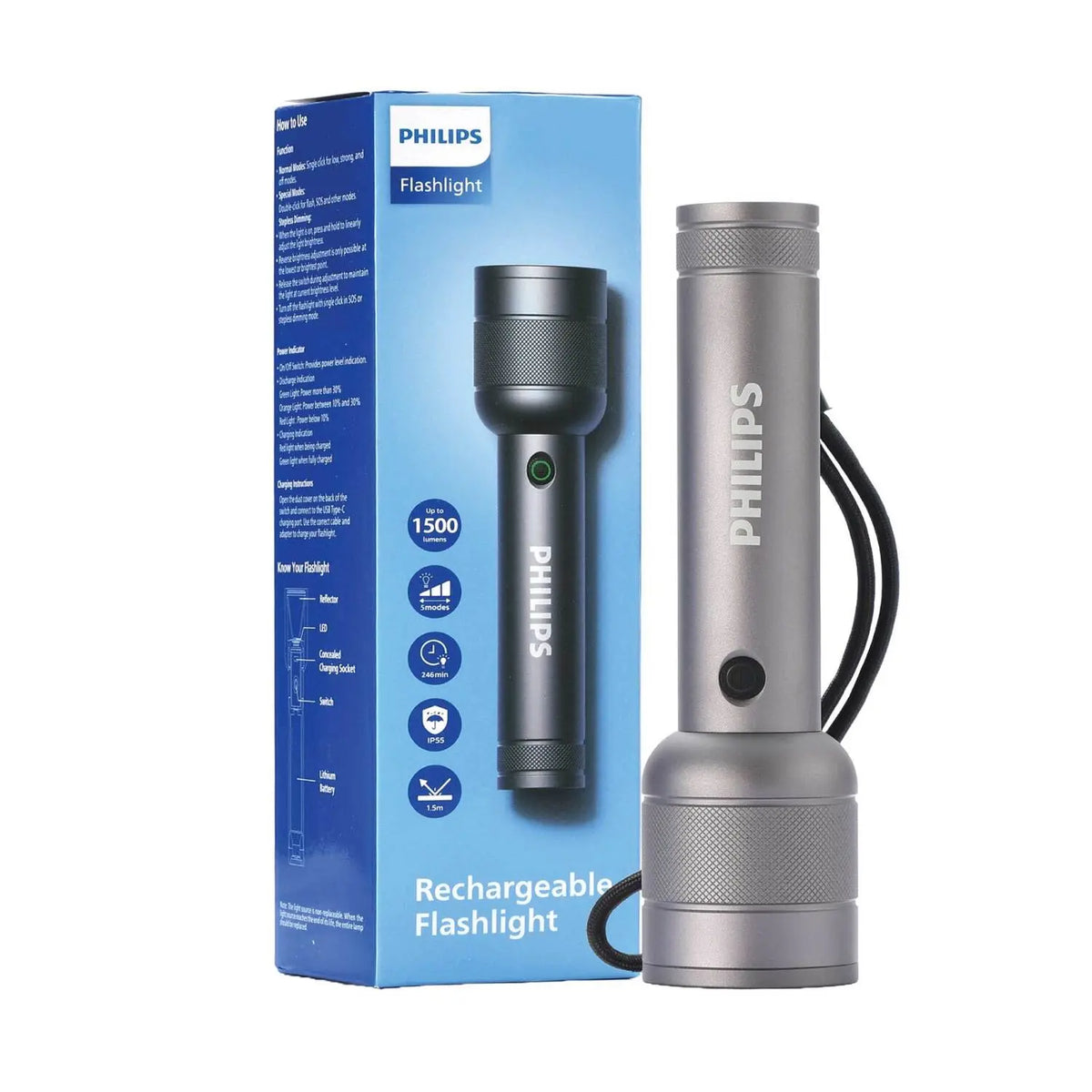 PHILIPS Aluminium Alloy Long Range LED Rechargeable Flashlight – 1500Lumens, 400m Beam Range – SFL6166R/56 Mohammed Fakhroo& Bros.