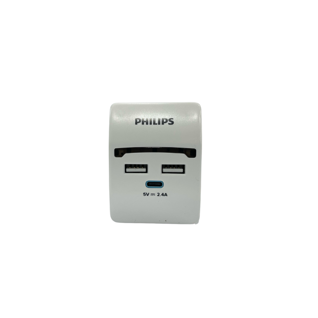 مقبس متعدد المقابس من Philips بقوة 13 أمبير في المملكة المتحدة، وصلة تمديد ثلاثية المقابس، منفذان USB + منفذ C بقوة 2.4 أمبير. محول سفر معتمد من G-Mark
