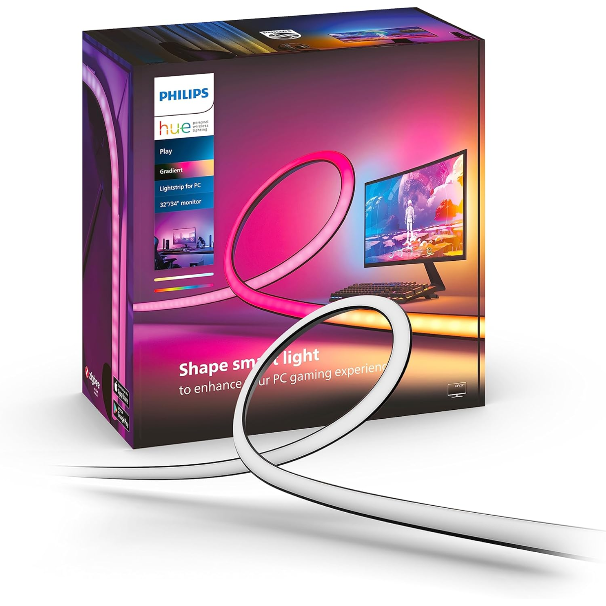 Philips Hue Play Gradient Lightstrip for PC Monitors - White & Color Light (Hue Bridge Required), Compatible with Alexa & Google Assistant – A Certified for Humans Device, 32/34-Inch