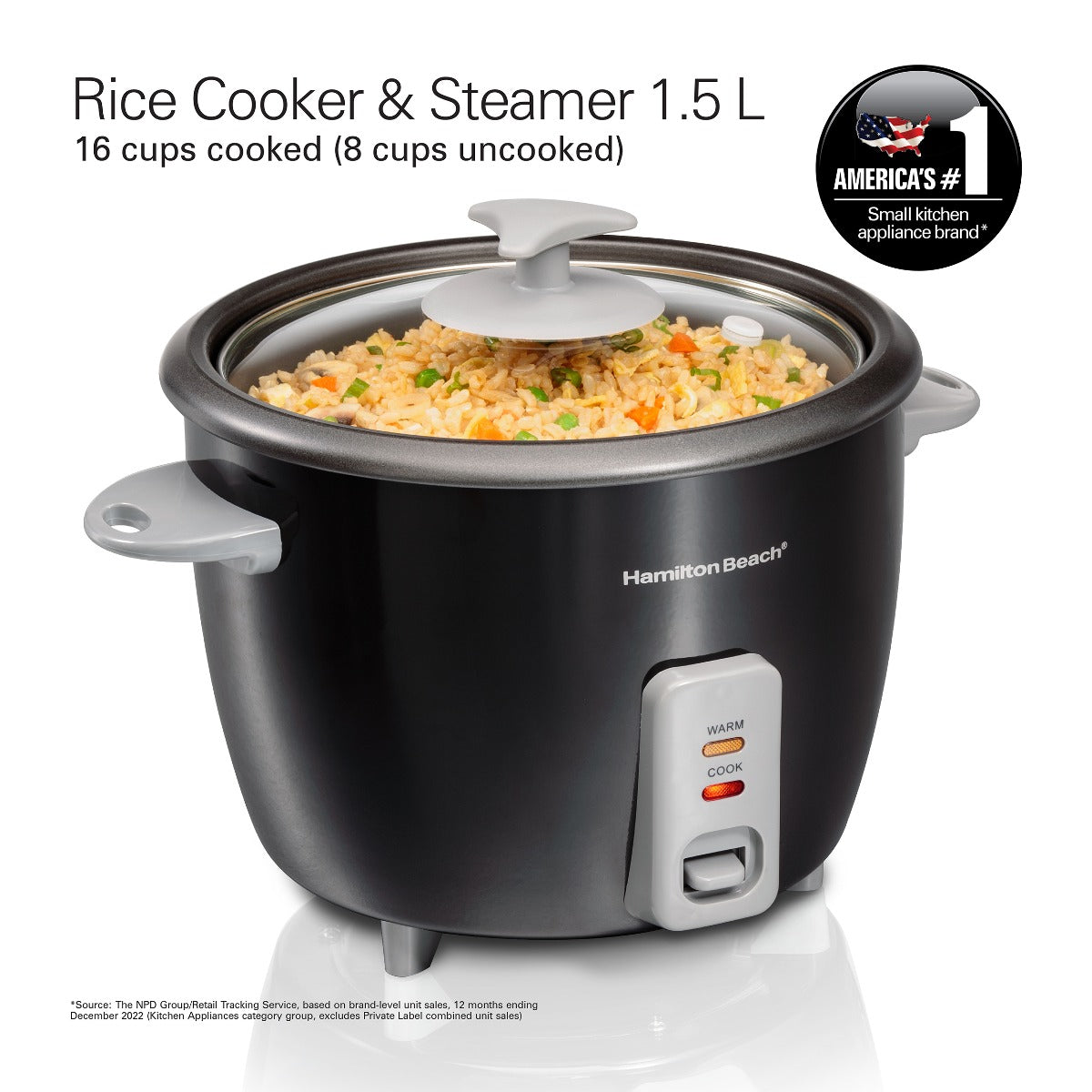 Hamilton Beach 1.5L Rice Cooker and Steamer, 16 cups cooked (8 cups uncooked) rice capacity, removable easy to clean non-stick pot, One-touch healthy cooked meals, 500W, Black, 37517-ME