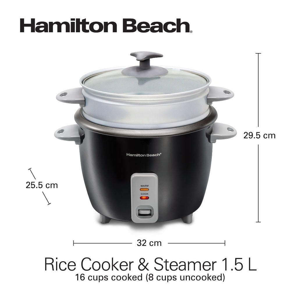 Hamilton Beach 1.5L Rice Cooker and Steamer, 16 cups cooked (8 cups uncooked) rice capacity, removable easy to clean non-stick pot, One-touch healthy cooked meals, 500W, Black, 37517-ME