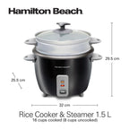 Hamilton Beach 1.5L Rice Cooker and Steamer, 16 cups cooked (8 cups uncooked) rice capacity, removable easy to clean non-stick pot, One-touch healthy cooked meals, 500W, Black, 37517-ME