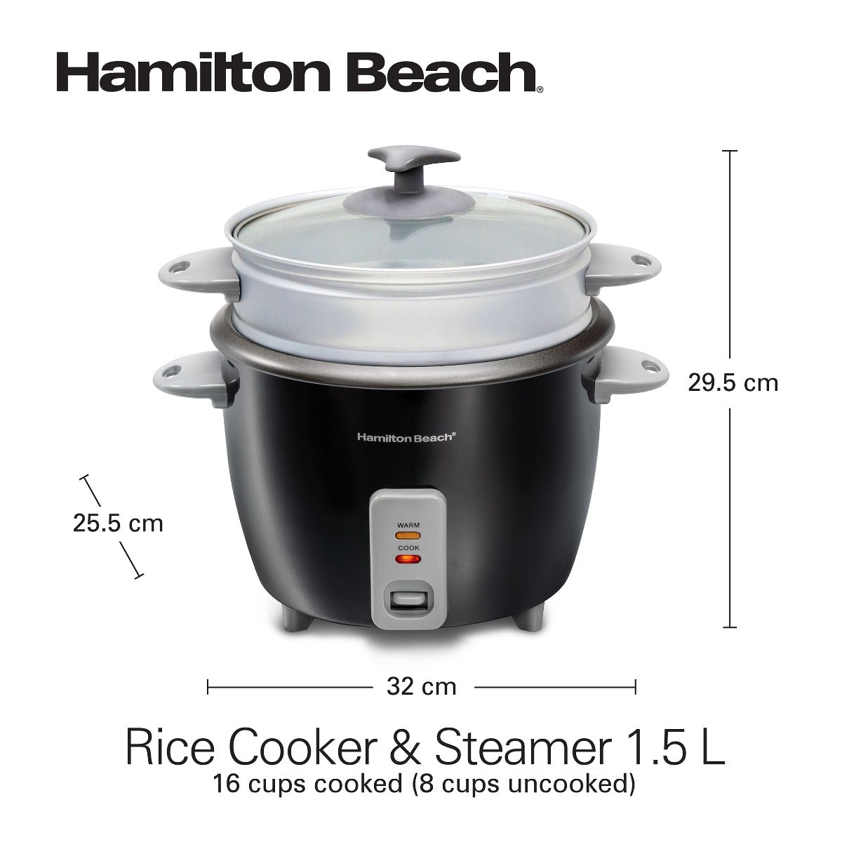 Hamilton Beach 1.5L Rice Cooker and Steamer, 16 cups cooked (8 cups uncooked) rice capacity, removable easy to clean non-stick pot, One-touch healthy cooked meals, 500W, Black, 37517-ME