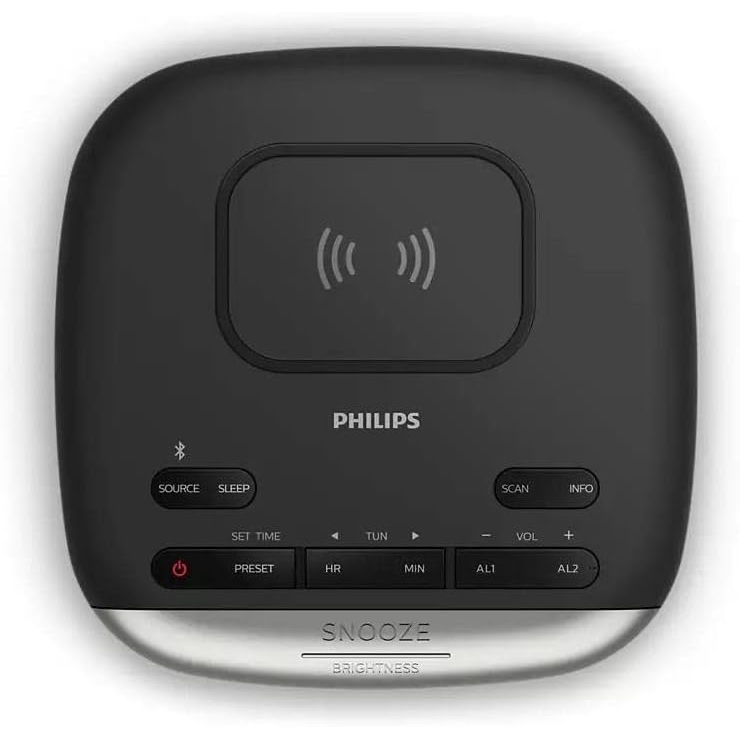 Philips Radio Alarm Clock, TAR7606/10 Radio Alarm Clock With Charging Function, Multifunctional Radio Alarm Clock With Wireless Qi Charger, Bluetooth Streaming & Large Clear Display