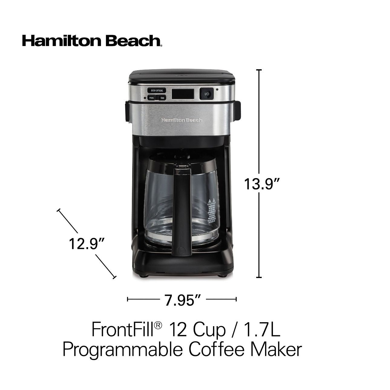 Hamilton Beach FrontFill® 12 Cup Programmable Coffee Maker, 1.7L Glass carafe, 950W, Wake up ready, 3 brewing options, Reusable mesh filter, Clean reminder, Auto shut off, 46310-ME