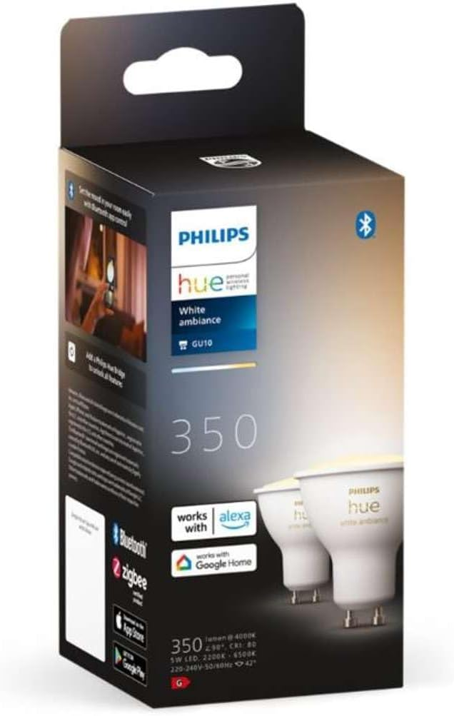Philips HUE White Ambiance Smart Light Bulb 2 Pack [Gu10 Spot] With Bluetooth, Works With Alexa, Google Assistant And Apple Homekit