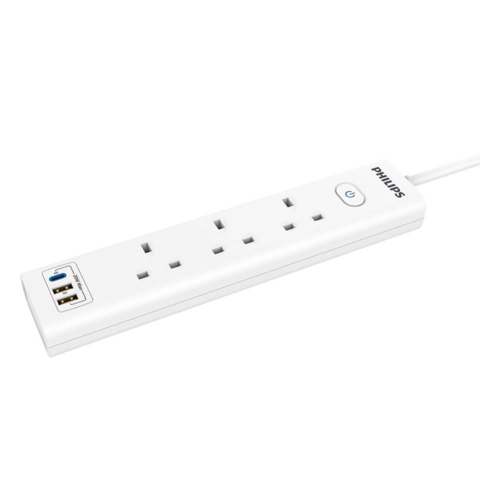 Philips 3-Way Power Extension Cord, 2M, 2 USB-A/1-C with Master Switch, CHP8231WA/89 – White