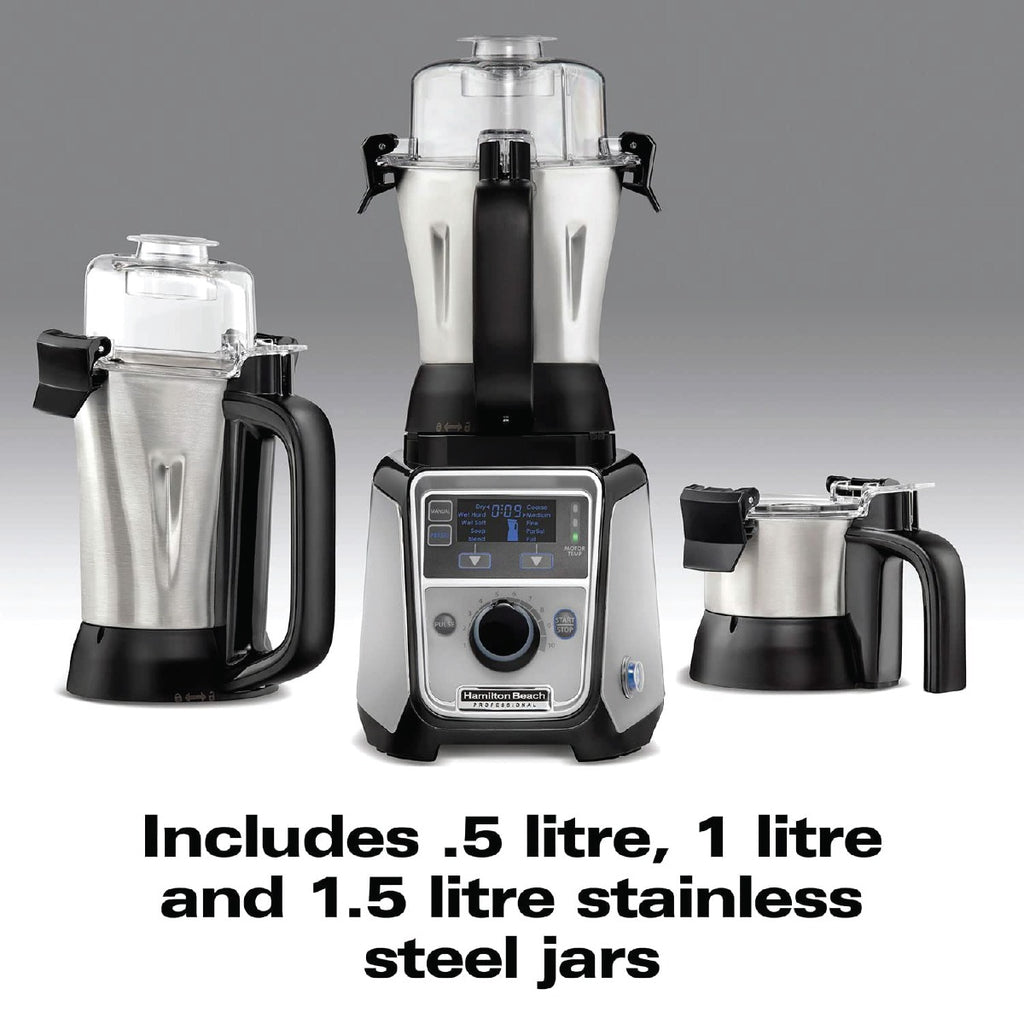 Hamilton Beach Professional Juicer Mixer Grinder, 1400W, 3 Stainless Steel Leakproof Jars & Tritan lids, 13 digital settings, Upto 18000 RPM, Triple Motor Overload Protection,2 yr warranty, 58770-SAU