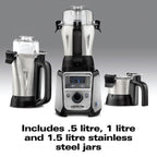 Hamilton Beach Professional Juicer Mixer Grinder, 1400W, 3 Stainless Steel Leakproof Jars & Tritan lids, 13 digital settings, Upto 18000 RPM, Triple Motor Overload Protection,2 yr warranty, 58770-SAU