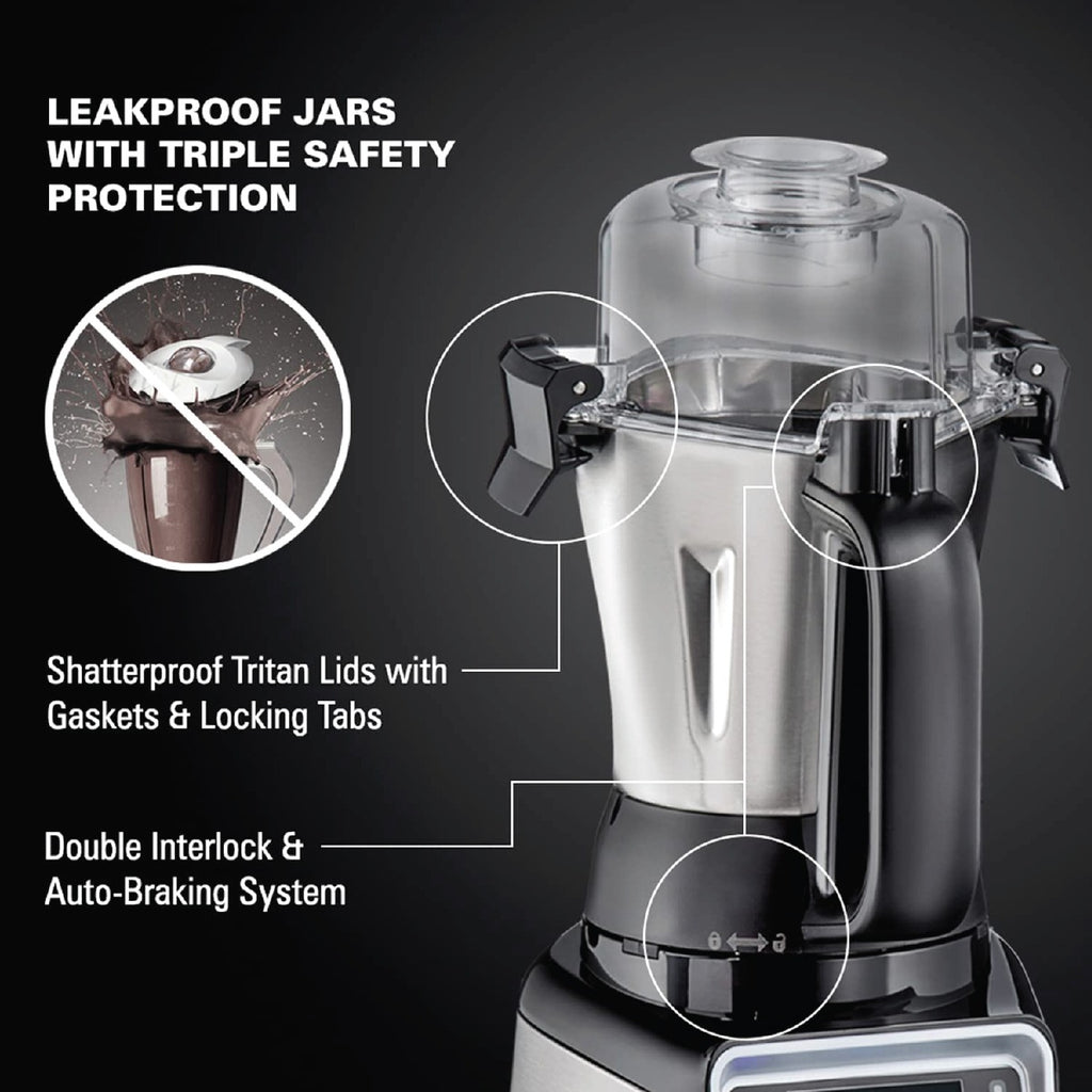 Hamilton Beach Professional Juicer Mixer Grinder, 1400W, 3 Stainless Steel Leakproof Jars & Tritan lids, 13 digital settings, Upto 18000 RPM, Triple Motor Overload Protection,2 yr warranty, 58770-SAU