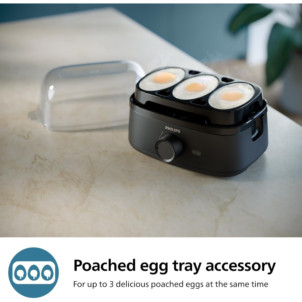 Philips Egg Cooker 3000 Series, Family Size up to 6 Eggs (soft, medium, hard, poached), Easy to clean, Poached Tray & Egg Piercer Accessory, 400W Power, Compact Design (HD9137/91)