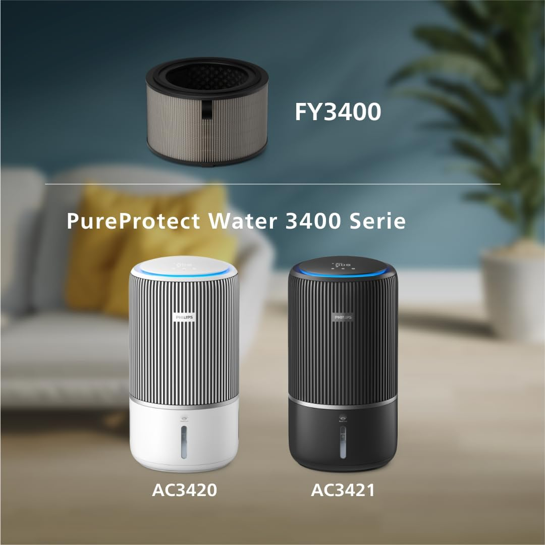Philips Genuine Replacement Filter for 2-in-1 Air Purifier and Humidifier Series 3400 AC3420 and AC3421 Series HEPA NanoProtect + Activated Carbon, 12 Months Lifespan, Black/White (FY3400/30)