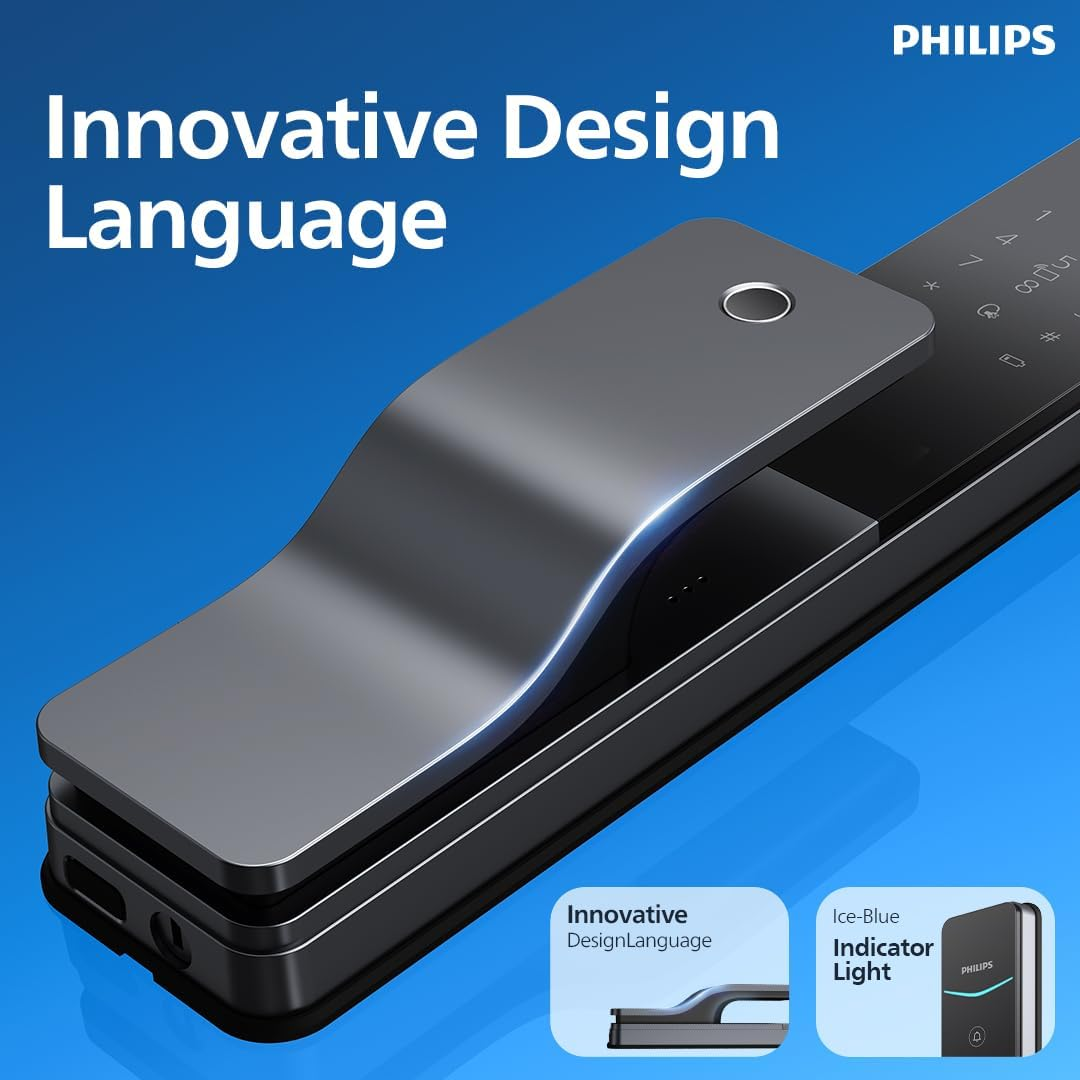 Philips EasyKey DDL801-5HBS Smart Door Lock, Fingerprint Push-Pull Keyless Entry, PIN Code, RFID Card, App Remote Access, Auto Lock, Dual Verification, Grey Mohammed Fakhroo& Bros.