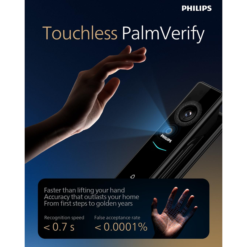 Philips Smart Door Lock with Palm Vein Recognition, 3D Face ID, Fingerprint Scanner, Multiple Access Modes, Zinc Alloy Build, Tempered Glass Touchscreen-902-MFVP-11HWS Mohammed Fakhroo& Bros.
