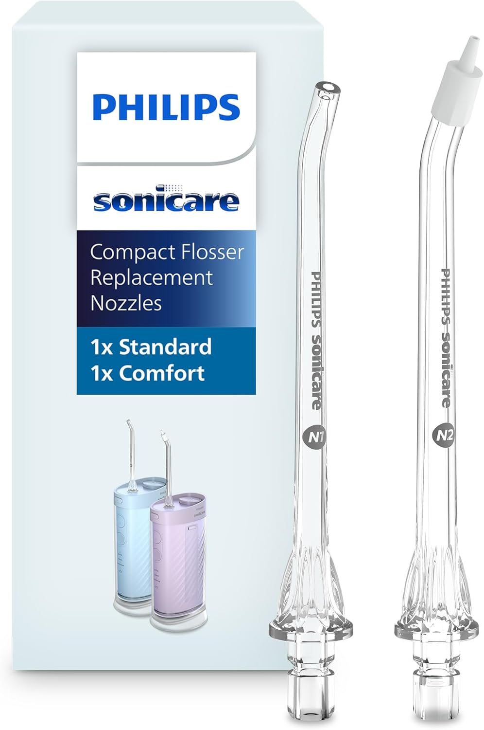 Philips Sonicare Genuine Replacement Nozzles for Compact Flosser, N1 Standard and N2 Comfort, 2-pack, HX3072/00