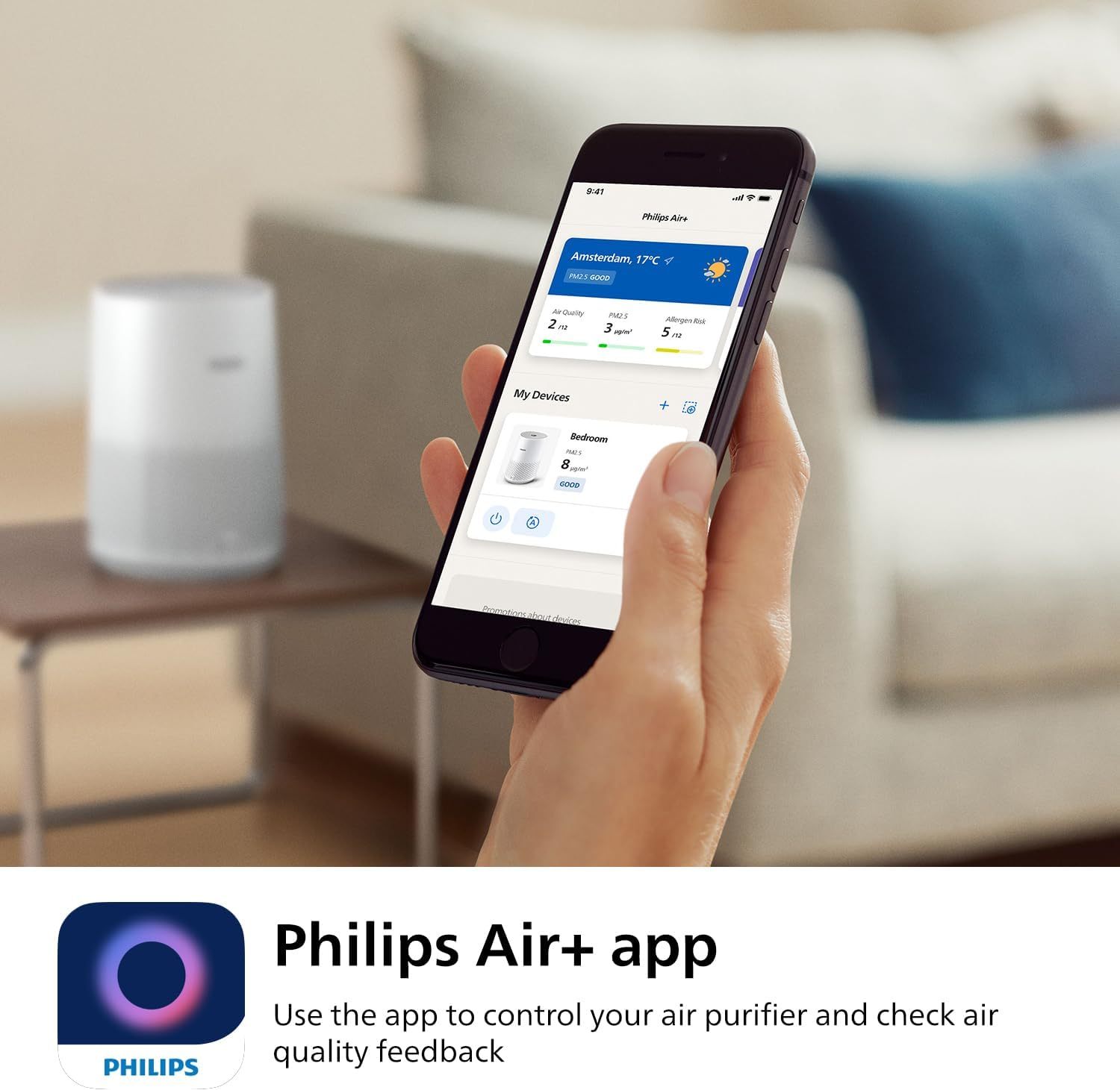 Philips Air Purifier 600 Series, Energy Efficient with Smart Sensor, For allergy sufferers, HEPA filter removes 99.97% of pollutants, Covers up to 44m2, App control, White (AC0651/10)