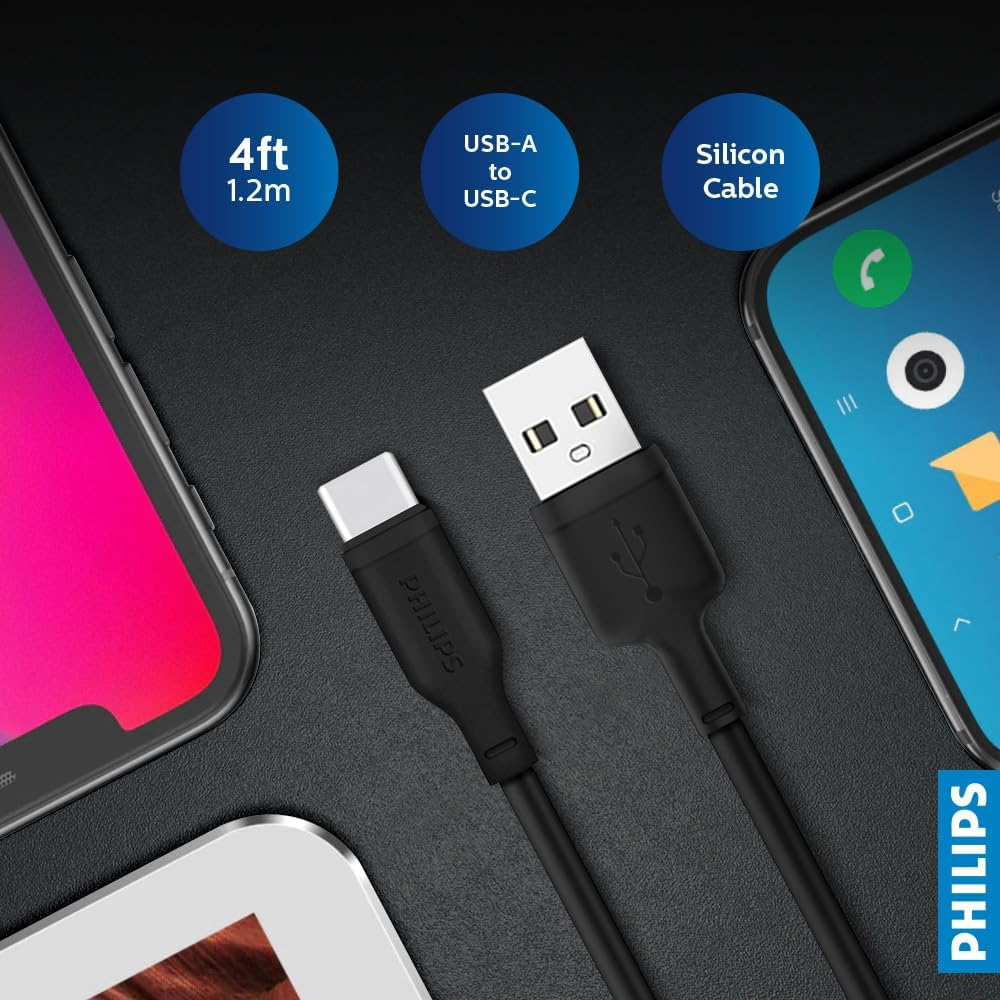 Philips 1.2M Silicone USB-A to USB-C Cable - DLC6541AB/00