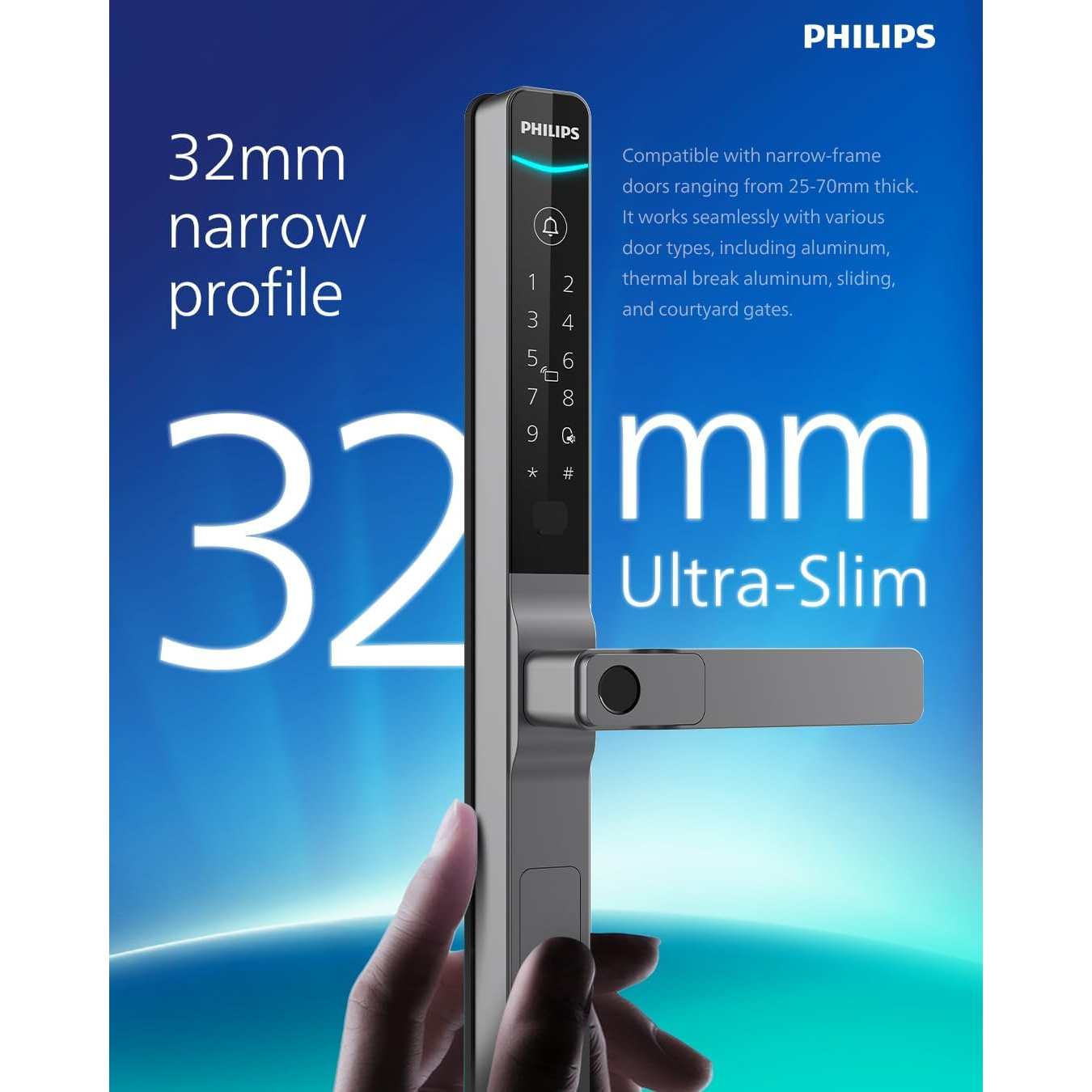 Philips DDL611-18HBS Smart Lock, Dual-Sided Fingerprint, 32mm Ultra-Slim, IP66 Waterproof, Aluminium Alloy, Works with Alexa and Google Mohammed Fakhroo& Bros.