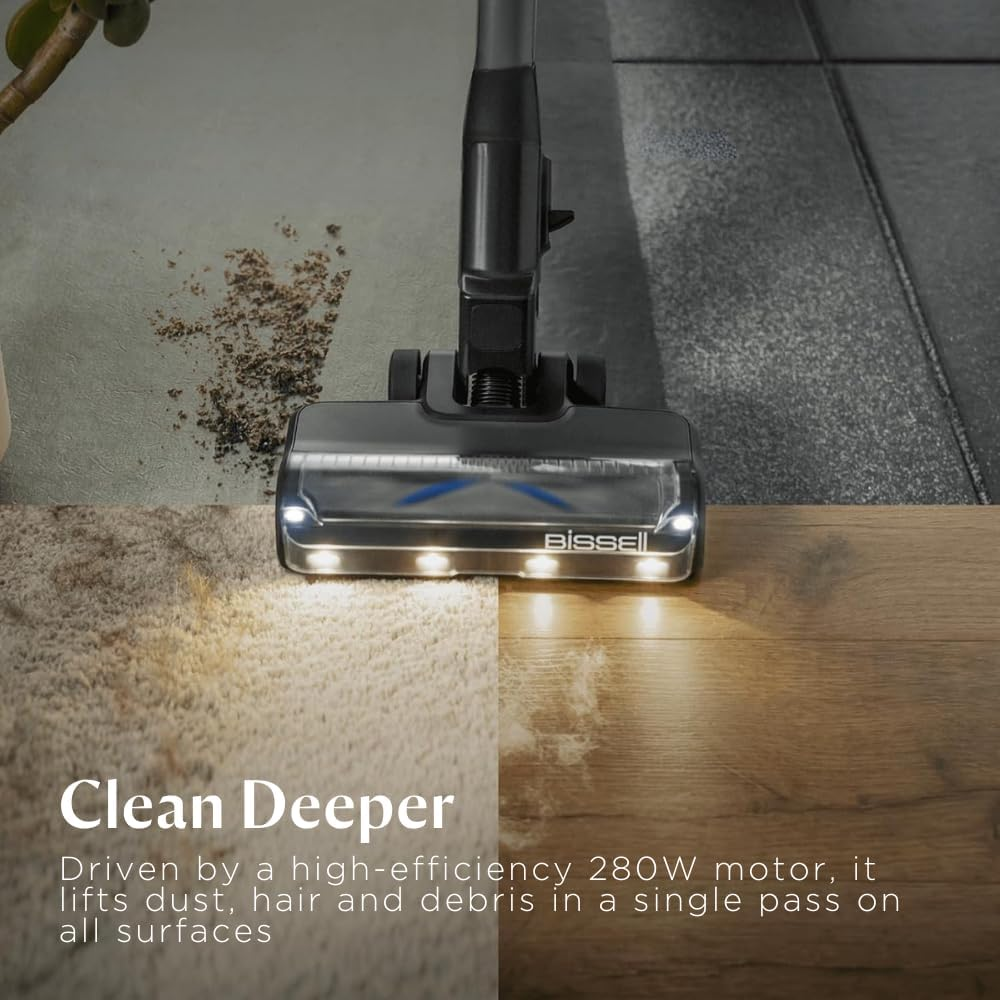 Bissell PowerClean FurGuard 4241K – 280W Self-Standing Cordless Vac with Self-Cleaning Brush Roll & Upholstery Tool with LED Headlights, 2 Removable Batteries