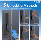 Philips EasyKey DDL801-5HBS Smart Door Lock, Fingerprint Push-Pull Keyless Entry, PIN Code, RFID Card, App Remote Access, Auto Lock, Dual Verification, Grey Mohammed Fakhroo& Bros.