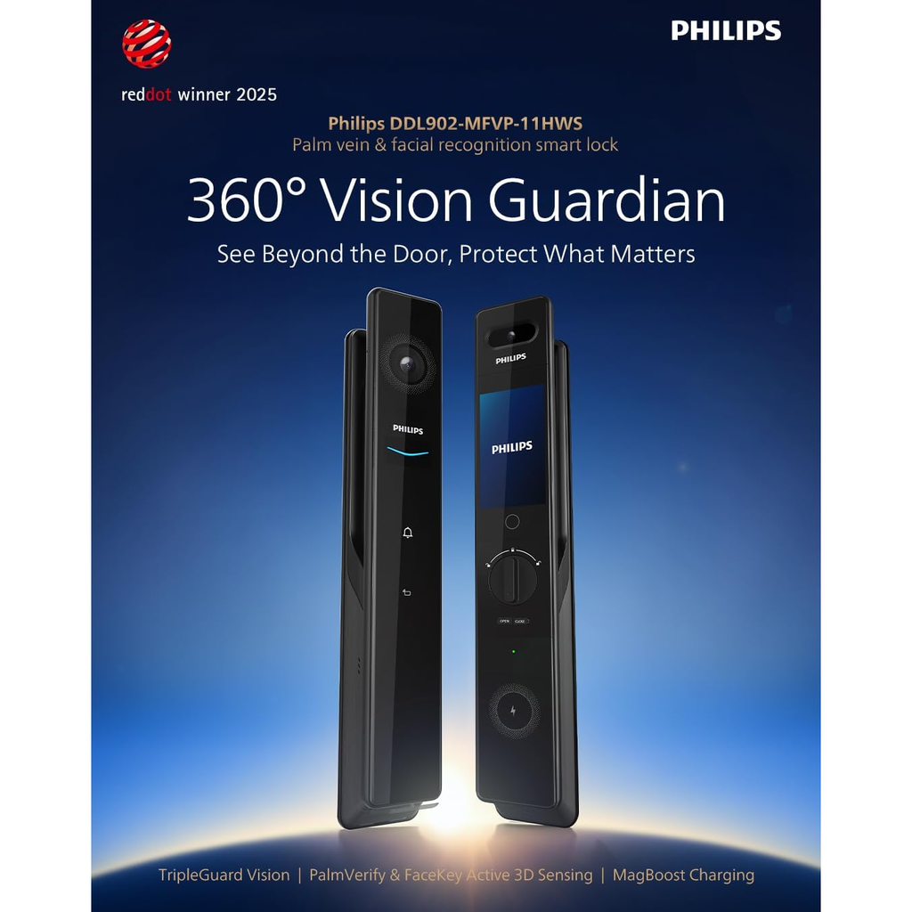 Philips Smart Door Lock with Palm Vein Recognition, 3D Face ID, Fingerprint Scanner, Multiple Access Modes, Zinc Alloy Build, Tempered Glass Touchscreen-902-MFVP-11HWS Mohammed Fakhroo& Bros.