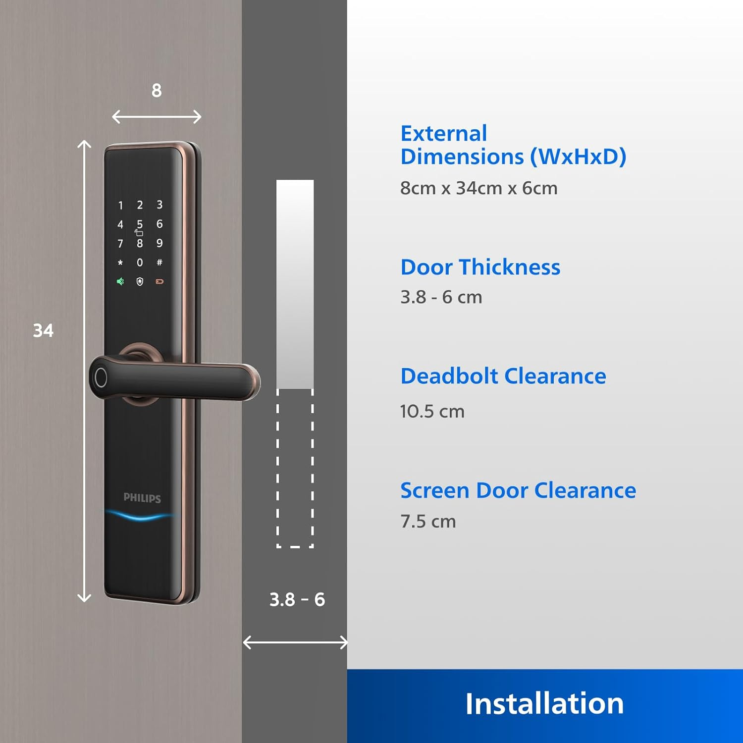 Philips EasyKey 7300-5HB Smart Door Lock - Smart Lock, Smart Door Lock , Fingerprint Lock, Smart Home, Home Improvement, Keyless Door Lock, Smart Home Gadgets, Safety Lock- Copper Mohammed Fakhroo& Bros.