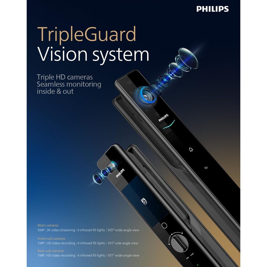 Philips Smart Door Lock with Palm Vein Recognition, 3D Face ID, Fingerprint Scanner, Multiple Access Modes, Zinc Alloy Build, Tempered Glass Touchscreen-902-MFVP-11HWS Mohammed Fakhroo& Bros.