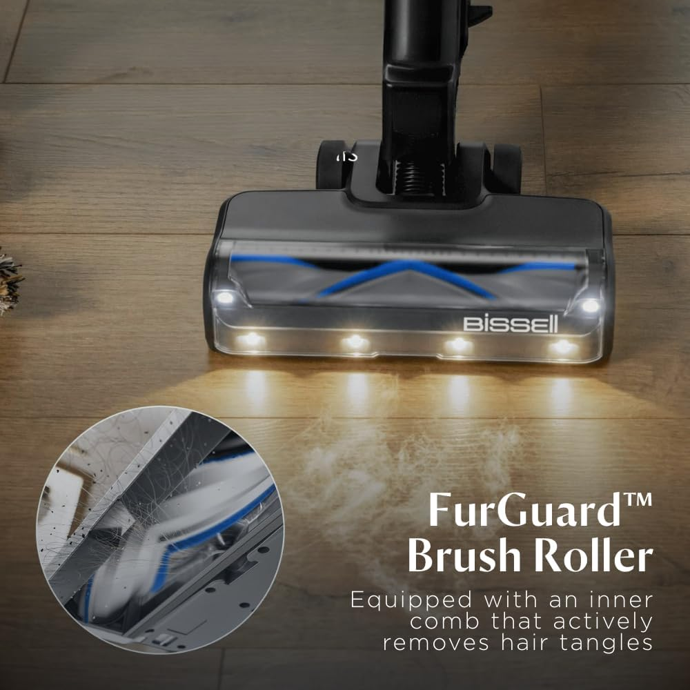 Bissell PowerClean FurGuard 4241K – 280W Self-Standing Cordless Vac with Self-Cleaning Brush Roll & Upholstery Tool with LED Headlights, 2 Removable Batteries