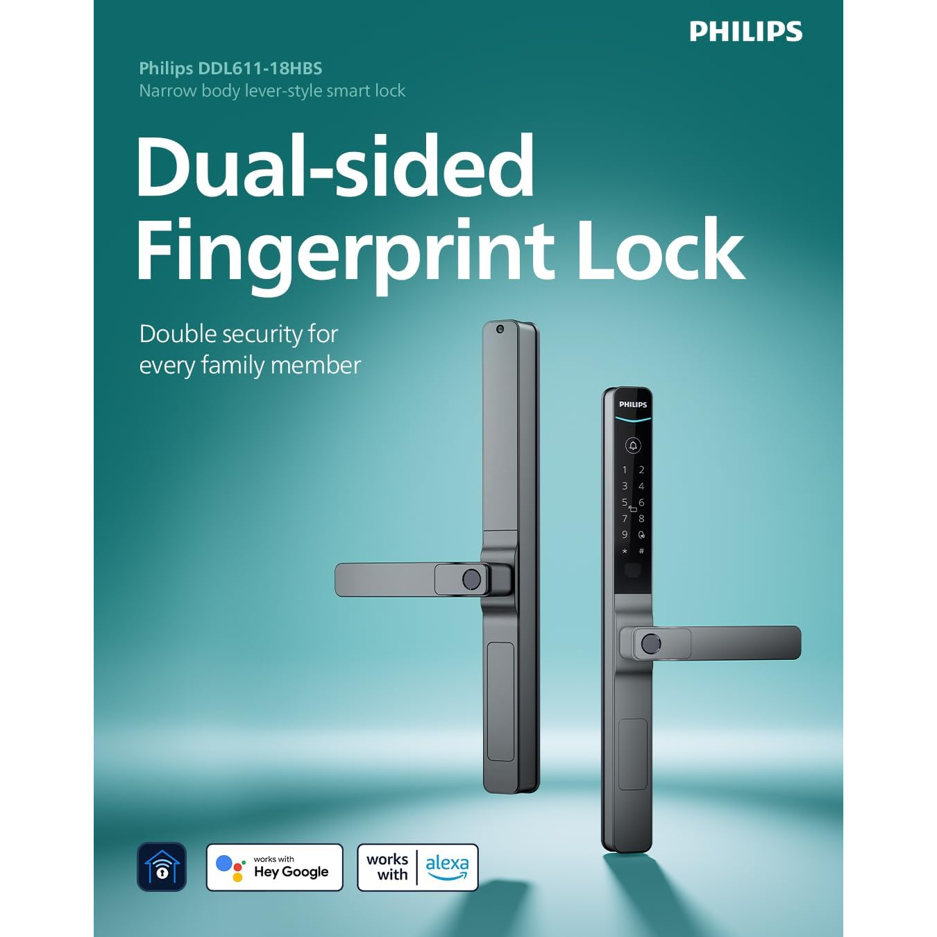 Philips DDL611-18HBS Smart Lock, Dual-Sided Fingerprint, 32mm Ultra-Slim, IP66 Waterproof, Aluminium Alloy, Works with Alexa and Google Mohammed Fakhroo& Bros.