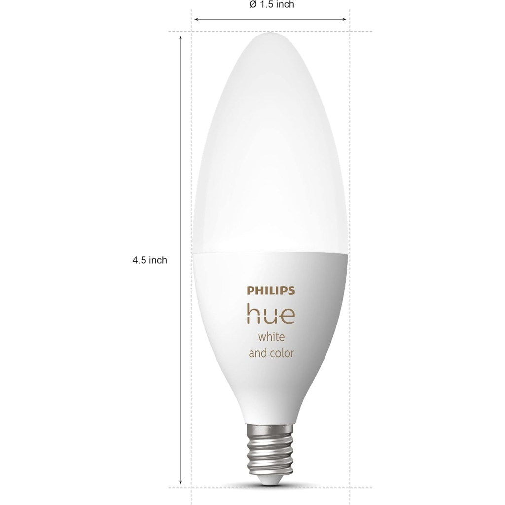 مصباح LED ذكي على شكل شمعة من Philips Hue، بقوة 40 وات B39، إضاءة بيضاء ولون متغير، عبوة واحدة، 450 لومن، E12، تحكم من خلال تطبيق Hue، يعمل مع Alexa وGoogle Assistant وApple Homekit 