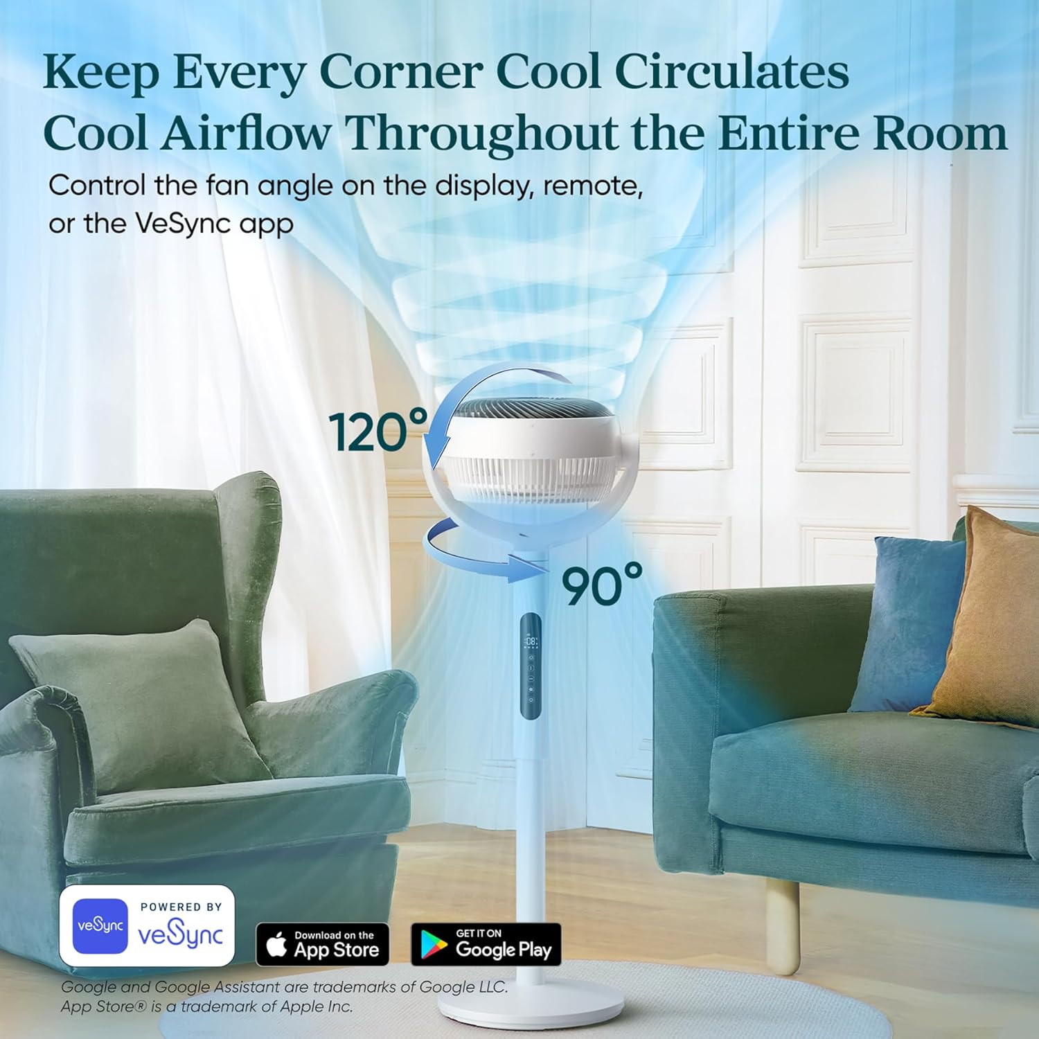 Levoit Standing Fan for Bedroom, CirculAir 120° Oscillating, Quiet 20dB, 9 Speeds, 4 Modes, DC Motor, 2 in 1 Pedestal & Tabletop, 82ft, Remote Control, Sensor, 9H Timer, 908CFM Ultra-High Airflow
