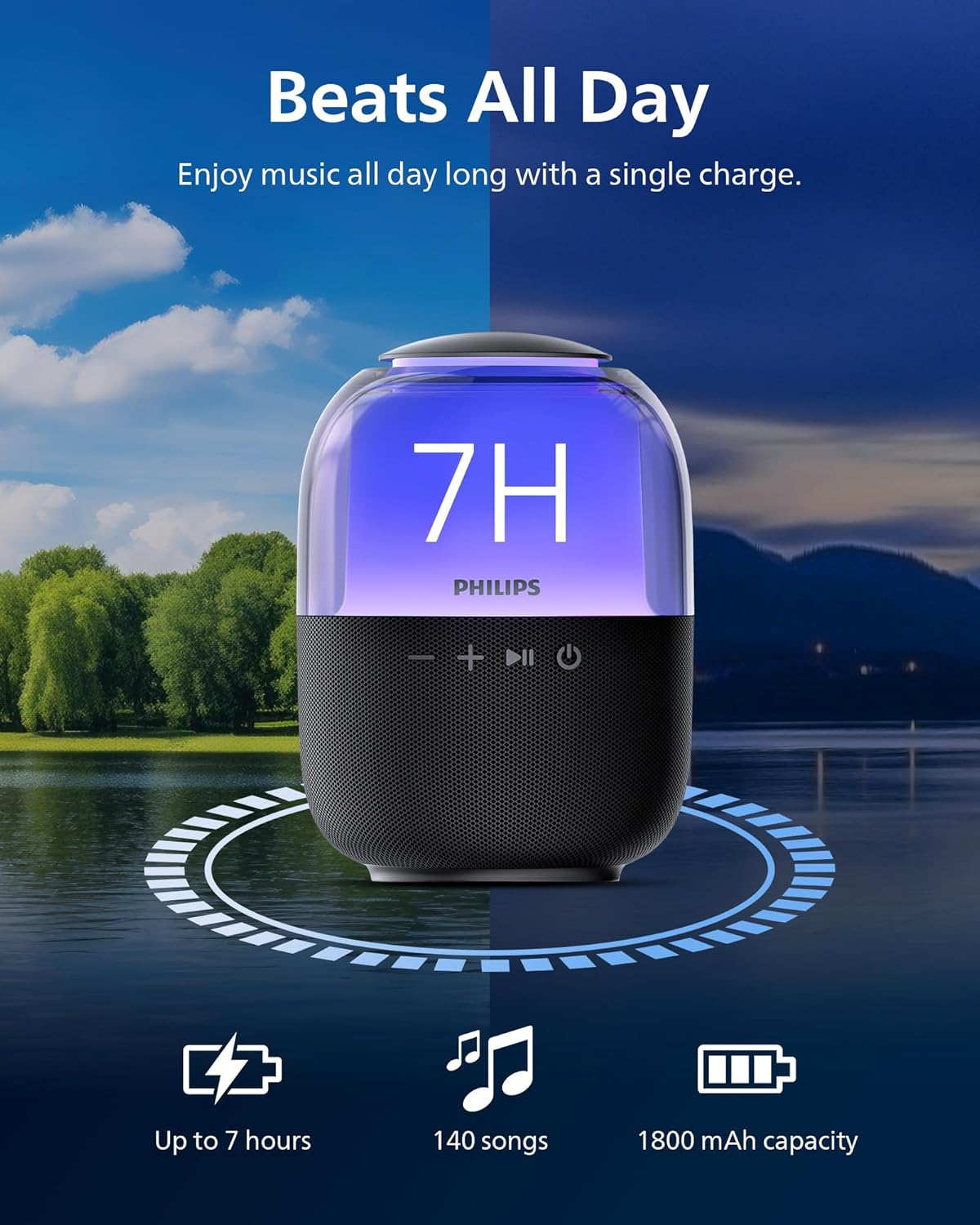 Philips TAS2108 Portable Bluetooth Speaker, 5W RMS, 7H Playtime, TWS Stereo Pairing, LED Light Effects, USB-C Charging – Punchy bass, Compact Wireless Speaker for Home, Outdoor, Travel