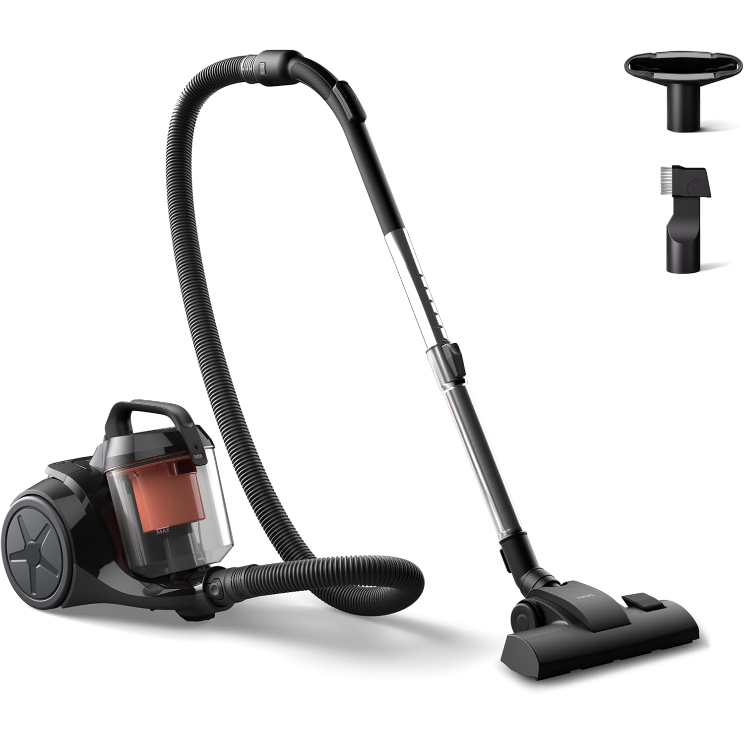 Philips Bagless Vacuum Cleaner - 1200W, PowerCyclone 3, Multi Purpose Nozzle, Furniture Nozzle 90mm, Washable Filter, 1.3L Dust Capacity, Deep Black & Coral - XB1042/10