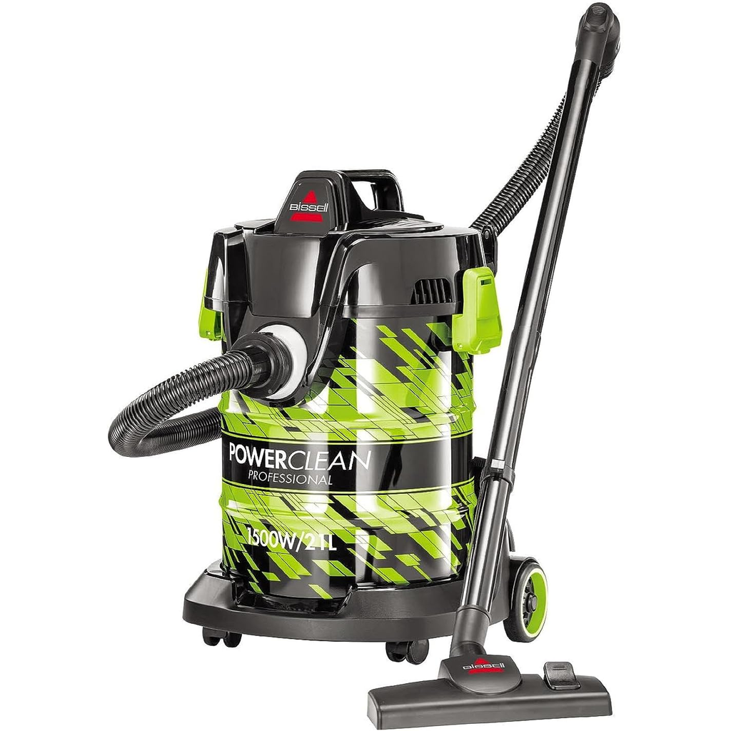 Bissell Drum PowerClean 1500W Wet & Dry 21L Vacuum Cleaner, 2 extension wands + hose assembly + multi surface nozzle + wet nozzle + crevice + tool brush, Multi Surface,  Made in China.