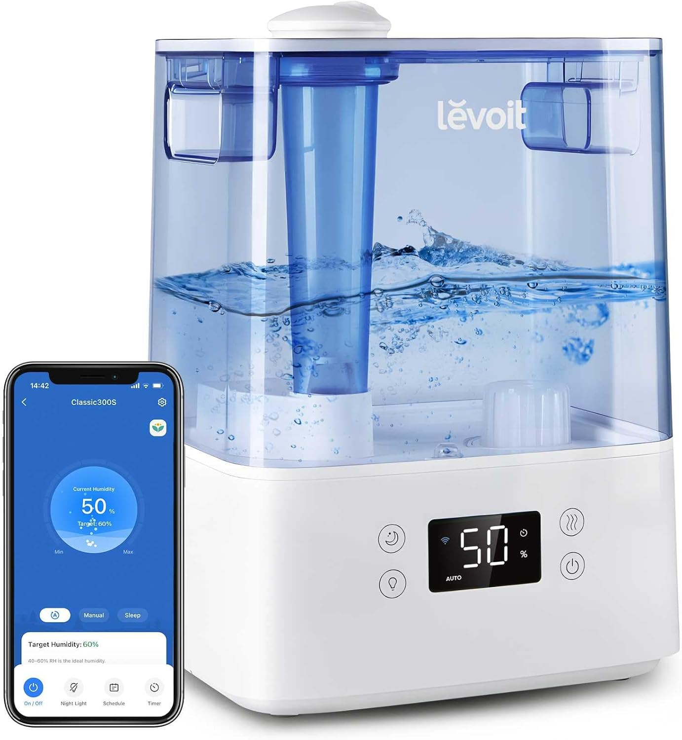 LEVOIT Classic300S Ultrasonic Smart Top Fill Humidifier, Extra Large 6L Tank for Whole Family, APP & Voice Control, Essential Oil Diffuser, Humidity Setting with Sensor, Quiet Sleep Mode, NLightight