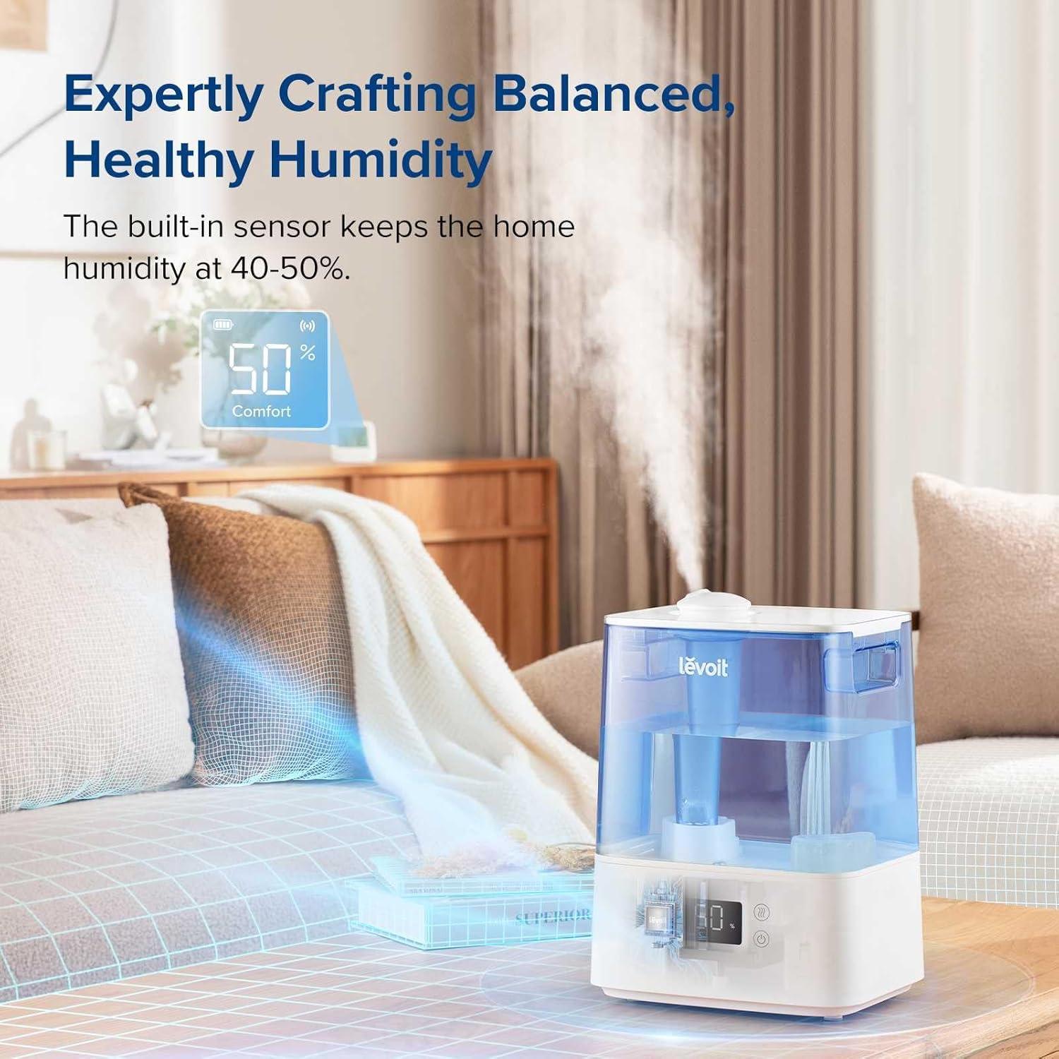 LEVOIT Classic300S Ultrasonic Smart Top Fill Humidifier, Extra Large 6L Tank for Whole Family, APP & Voice Control, Essential Oil Diffuser, Humidity Setting with Sensor, Quiet Sleep Mode, NLightight