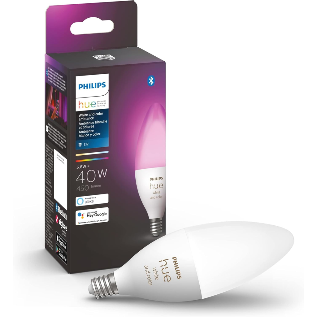 مصباح LED ذكي على شكل شمعة من Philips Hue، بقوة 40 وات B39، إضاءة بيضاء ولون متغير، عبوة واحدة، 450 لومن، E12، تحكم من خلال تطبيق Hue، يعمل مع Alexa وGoogle Assistant وApple Homekit 