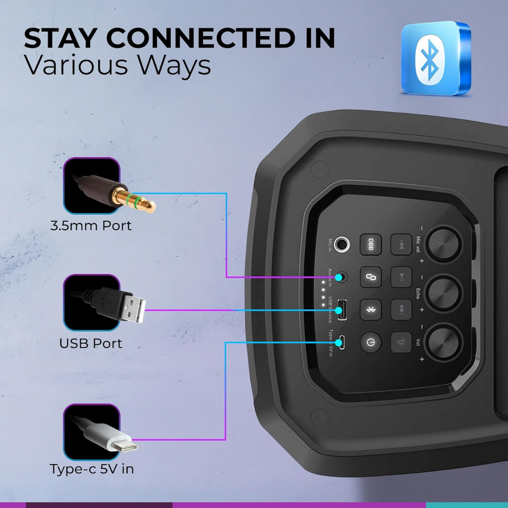 مكبر صوت حفلات فيليبس بتقنية البلوتوث، تعزيز ديناميكي للباس، بلوتوث ومدخل AUX، مدخل ميكروفون، اقتران لاسلكي لصوت ستيريو، بطارية تدوم حتى 7 ساعات، مقبض حمل مدمج، USB-C TAX2208 