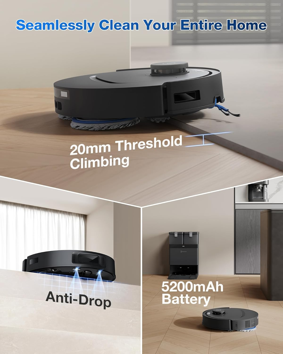 Ecovacs DEEBOT T30C Robot Vacuum and Mop, 20,000Pa Suction, TruEdge Adaptive Edge Mopping, ZeroTangle 2.0 Technology, Hot Water Washing, Self-Emptying, Auto-Lift Mopping, Obstacle Avoidance