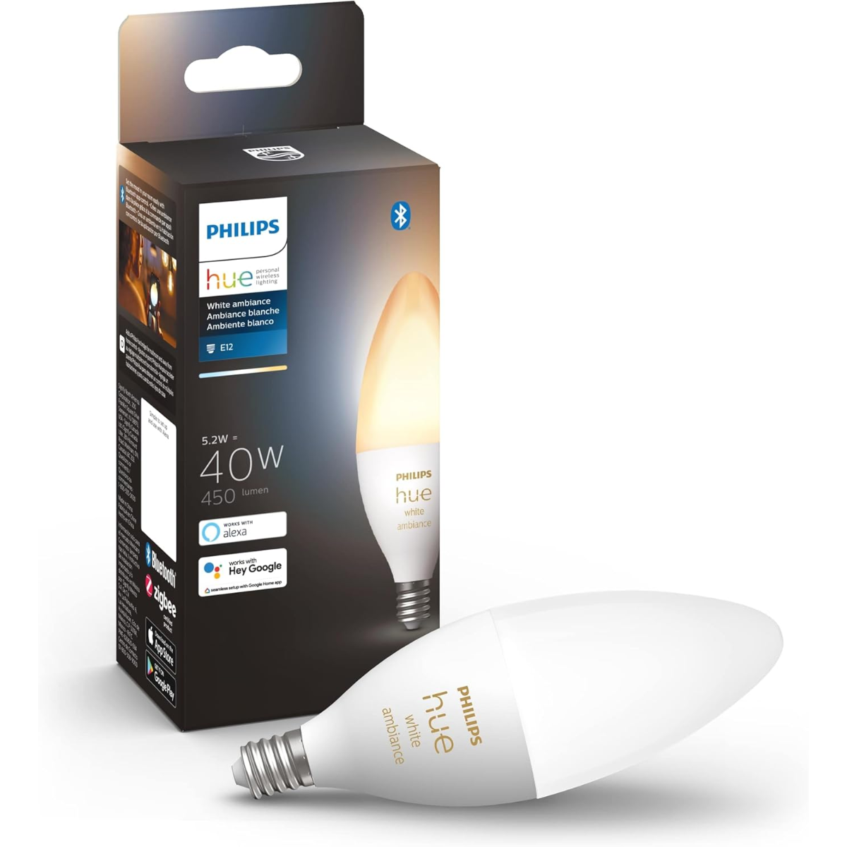 Philips Hue Smart 40W B39 Candle-Shaped LED Bulb - White Ambiance Warm-to-Cool White Light - 1 Pack - 450LM - E12 - Indoor - Control with Hue App - Works with Alexa, Google Assistant and Apple Homekit