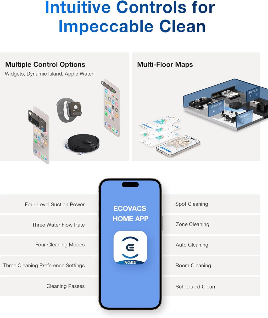 Ecovacs DEEBOT T30C Robot Vacuum and Mop, 20,000Pa Suction, TruEdge Adaptive Edge Mopping, ZeroTangle 2.0 Technology, Hot Water Washing, Self-Emptying, Auto-Lift Mopping, Obstacle Avoidance