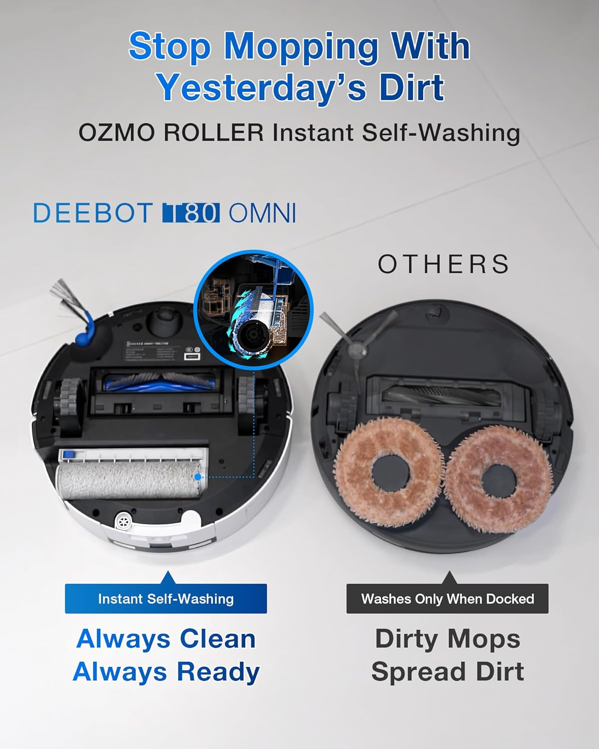 Ecovacs DEEBOT T80 Omni Robot Vacuum with 18,000Pa Suction & OZMO Roller Mop, Instant Self-Cleaning for Streak-Free Floors, ZeroTangle 3.0 for Pets, TruEdge Cleaning, AI Navigation, 10-in-1 Station